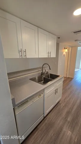 a kitchen with a sink and cabinets