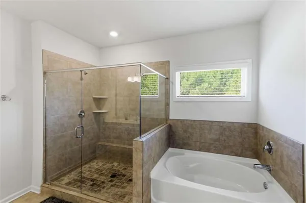 a bathroom with a bathtub and shower