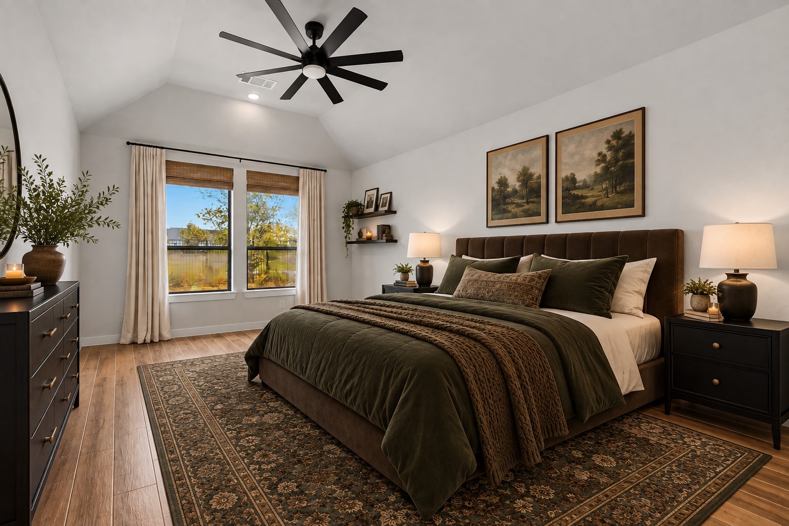 6718 Waxbill Road Katy, TX 77493 - Photo 12 of 30 The primary bedroom welcomes you with bright natural light, high ceilings, and the perfect view of the serene yard. It sits at the back of the home offering additional privacy and easily fits a king size bed plus furniture! *This room has been virtually staged