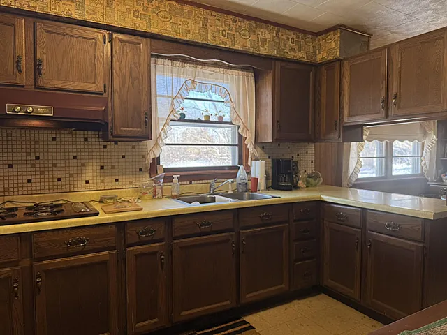 a kitchen with a refrigerator and a sink