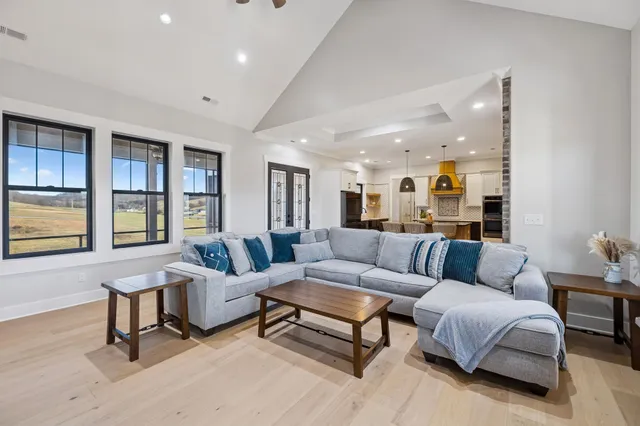 a living room with a fireplace