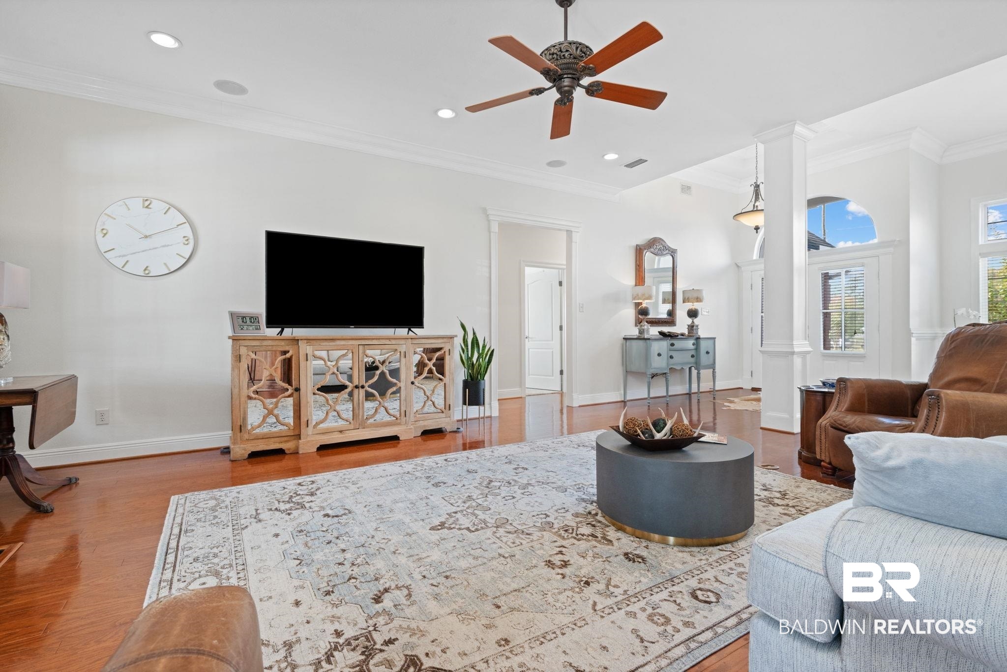 4771 Pecan Ridge East Mobile, AL 36619 - Photo 18 of 48 Living room with crown molding, light wood-style flooring, decorative columns, ceiling fan, and recessed lighting