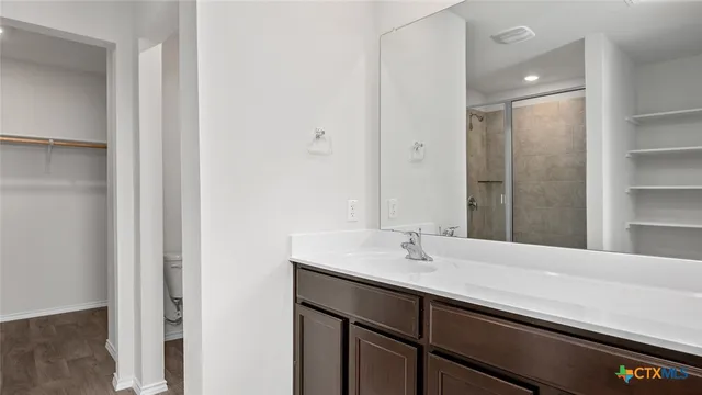 a bathroom with a sink and a mirror