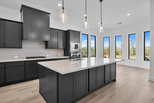 a kitchen with a sink a counter space appliances and cabinets