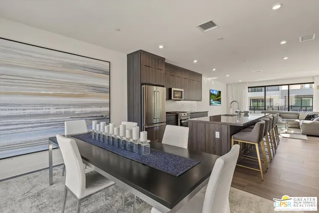 a view of a dining room with furniture