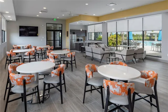 a outdoor dining space with furniture kitchen view and a large window