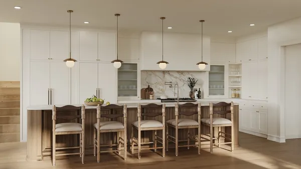 a large kitchen with a table and chairs