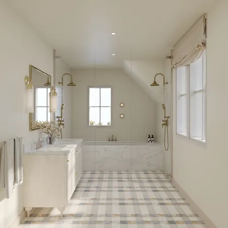 a bathroom with a bathtub sink vanity and mirror