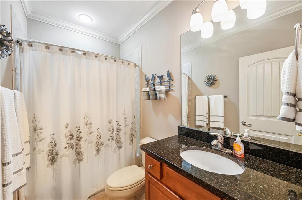 189 Red Trillium Ridge Big Canoe, GA 30143 - Photo 46 of 98 a bathroom with a granite countertop sink toilet a mirror a vanity and shower