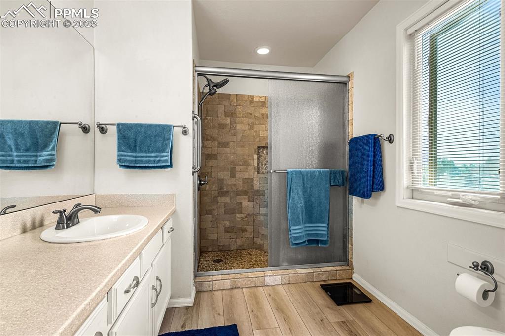 342 Mission Hill Way Colorado Springs, CO 80921 - Photo 29 of 37 a bathroom with a sink a mirror and shower