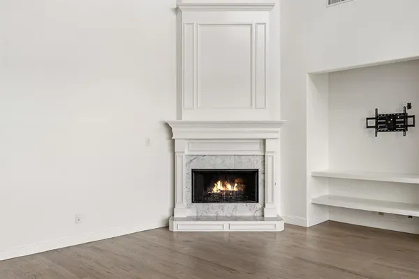 a room with a fireplace
