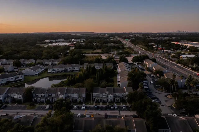 an aerial view of a house with a garden