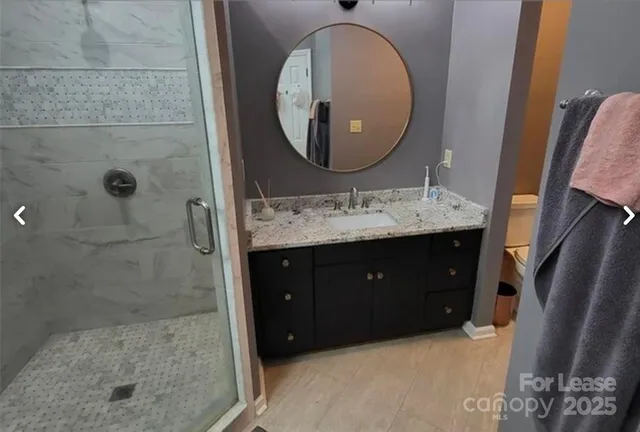a bathroom with a sink a mirror and a shower
