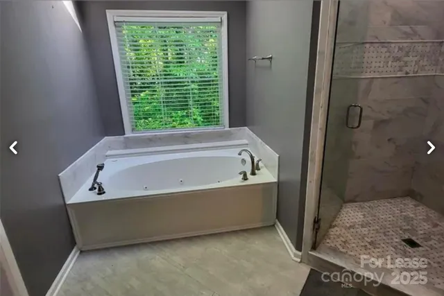 a bathroom with a bathtub and shower
