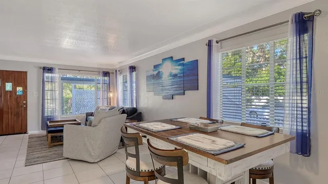a view of a dining room with furniture window and outside view
