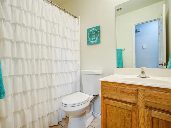 a bathroom with a sink a toilet and shower curtain