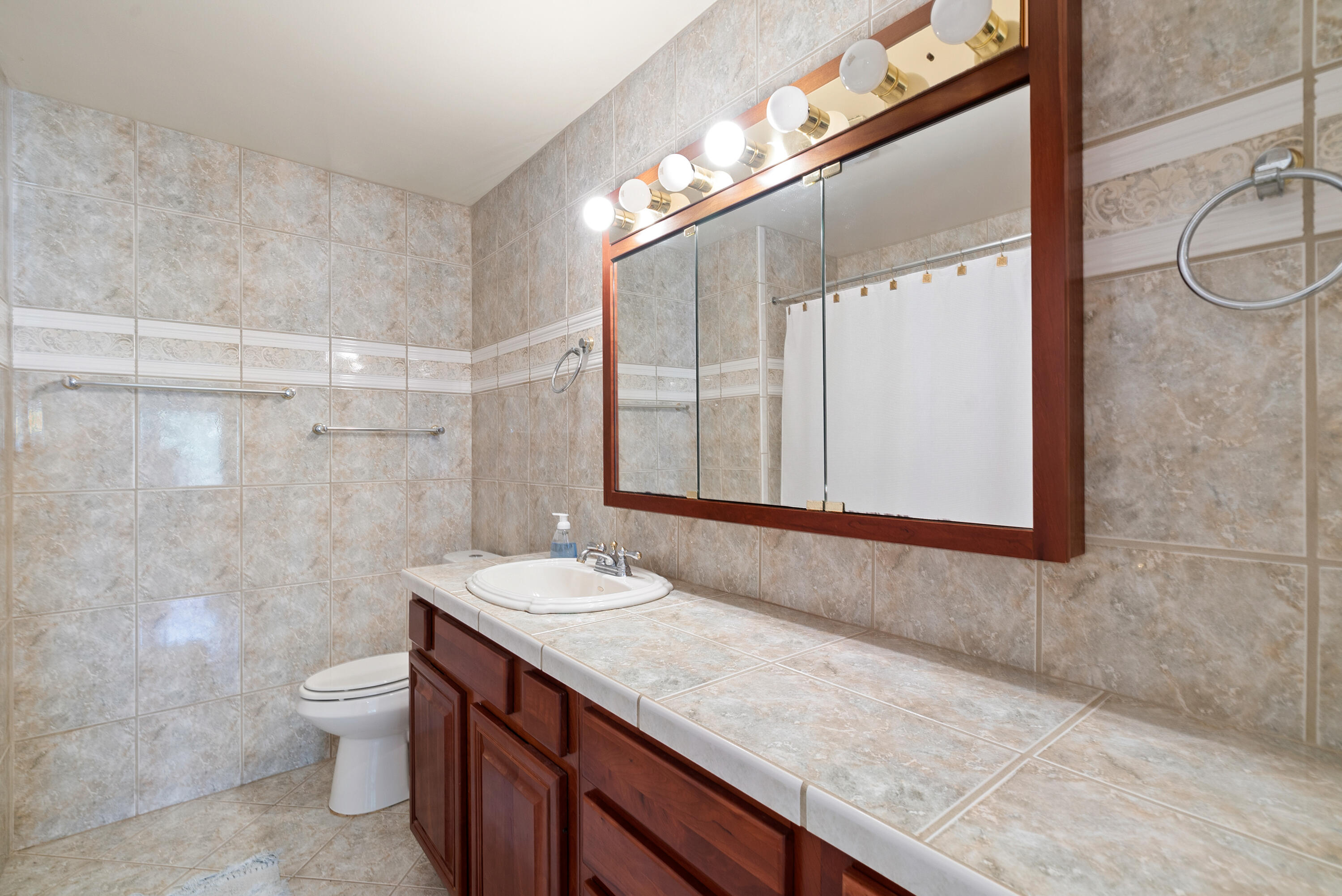 94220 Overseas Highway, Unit 5E Tavernier, FL 33037 - Photo 28 of 77 a bathroom with a granite countertop sink a toilet a mirror and shower