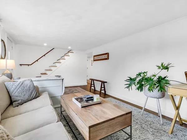 a living room with furniture and a potted plant