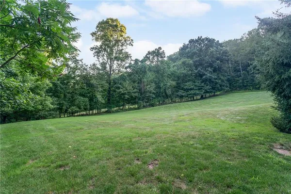 a view of a big yard with trees in the background