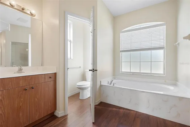 a spacious bathroom with a bathtub shower sink vanity and toilet