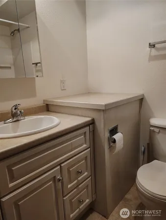 a bathroom with a sink a toilet and a mirror