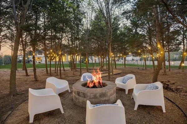 a building outdoor space with seating space