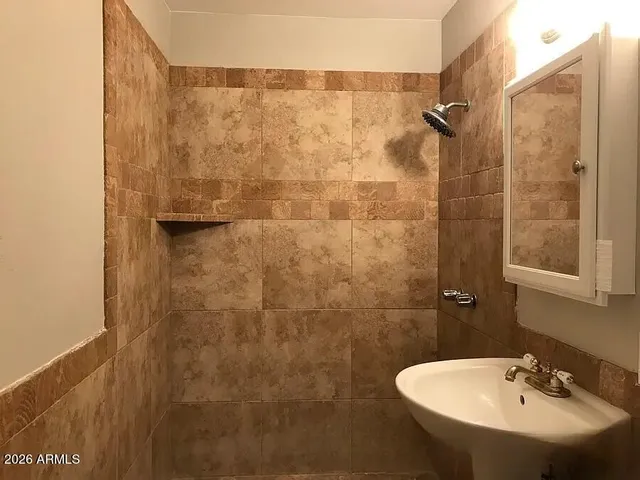 a bathroom with a sink a mirror and shower