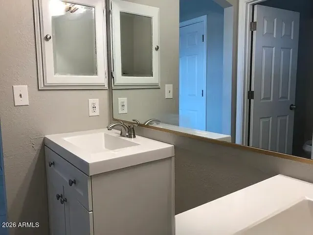 a bathroom with a sink and a mirror