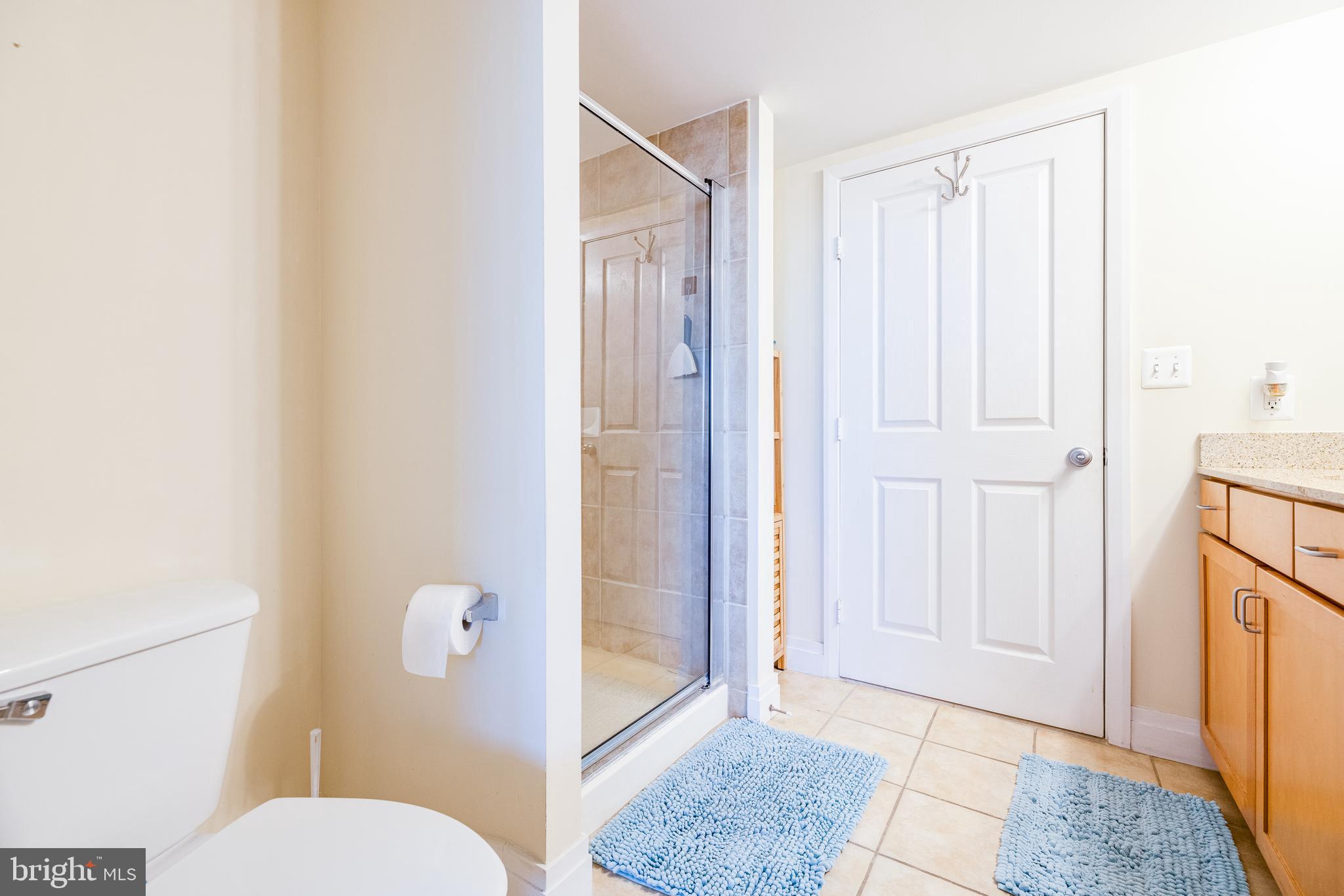 414 Water Street, Unit 1108 Baltimore, MD 21202 - Photo 21 of 36 a bathroom with a granite countertop shower and a toilet