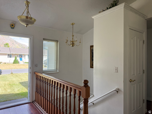 44 Wapiti Loop Hyrum, UT 84319 - Photo 6 of 18 Entryway featuring wood-finish flooring, a traditional wood staircase railing, and a brass-finish chandelier