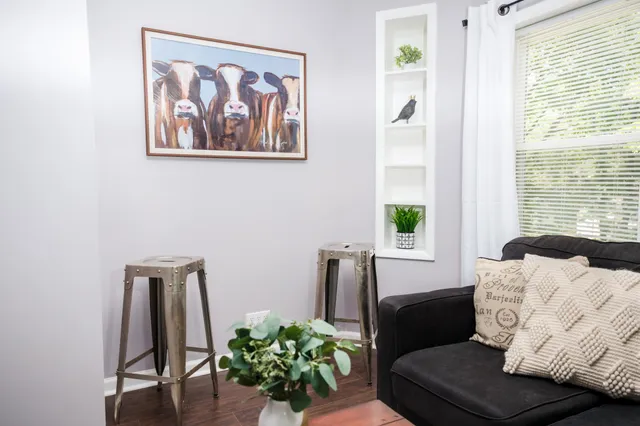 a living room with furniture and a potted plant