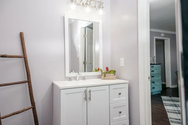 a bathroom with a sink and a mirror