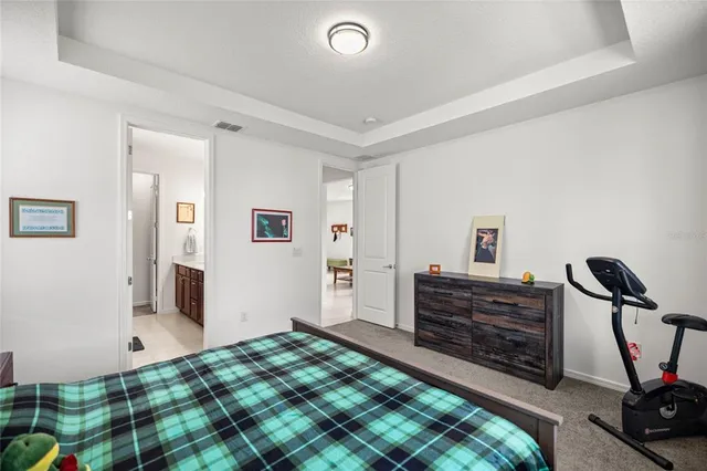 a bedroom with bed and cabinets