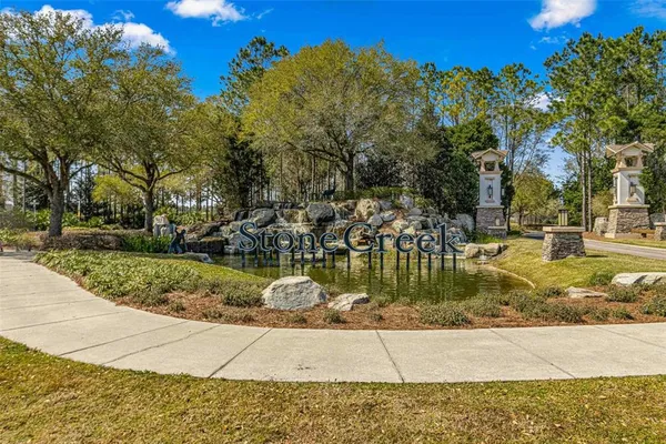 a view of a park with large trees
