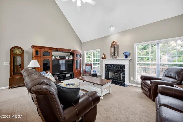 a living room with furniture and a fireplace