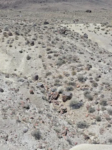 a view of a dry field with mountains in the background