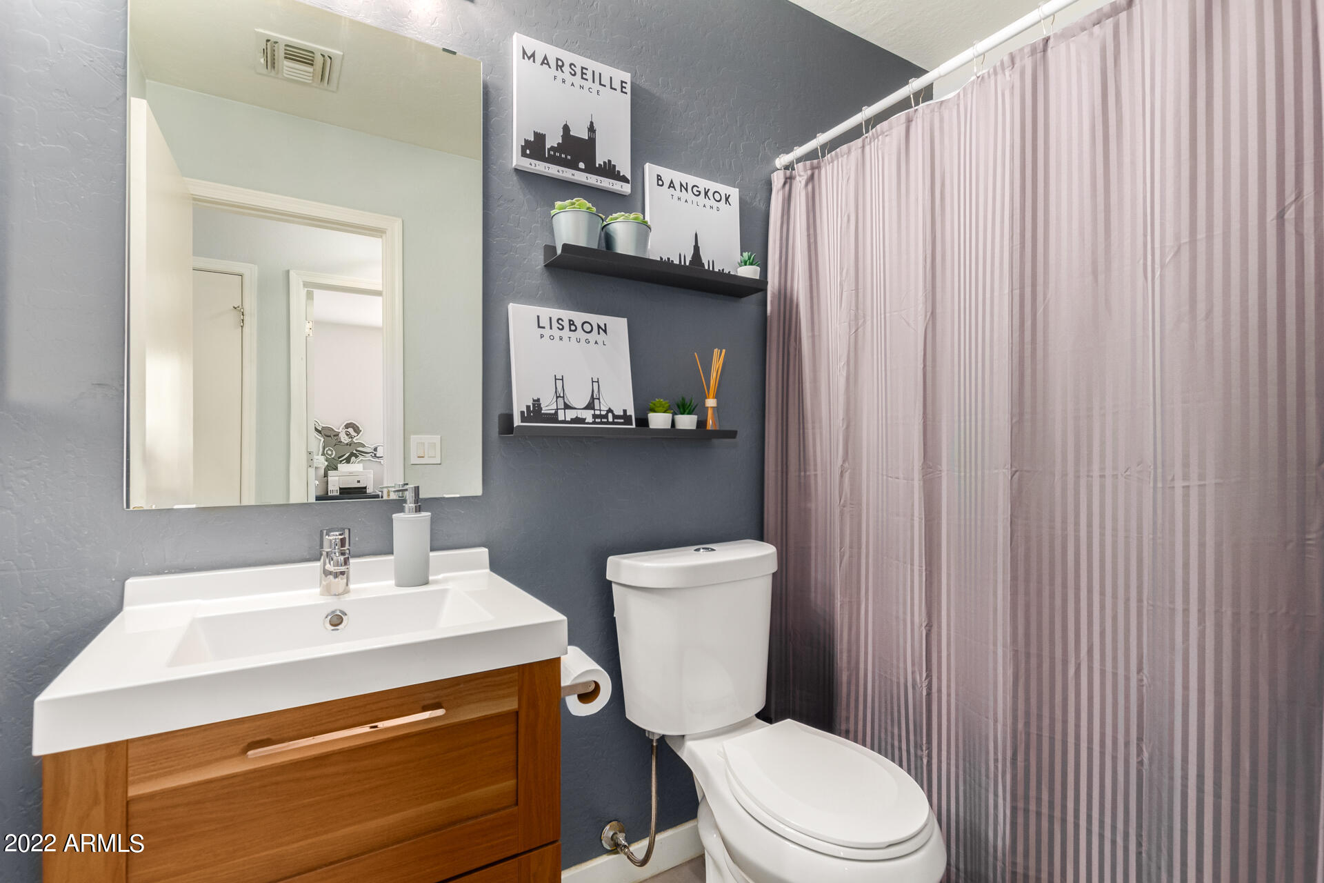 5515 South 15th Way Phoenix, AZ 85040 - Photo 22 of 28 a bathroom with a sink a toilet a mirror and shower curtain