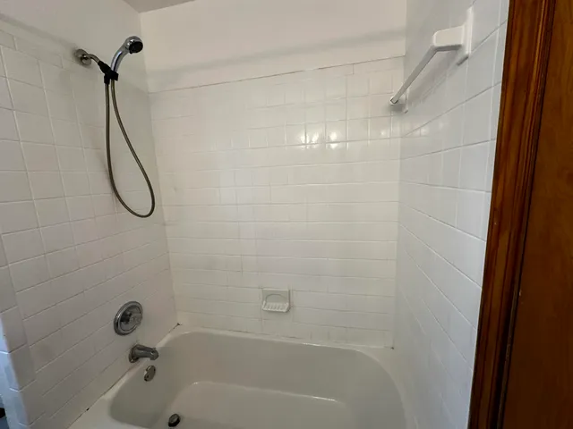 a bathroom with a bath tub with a shower