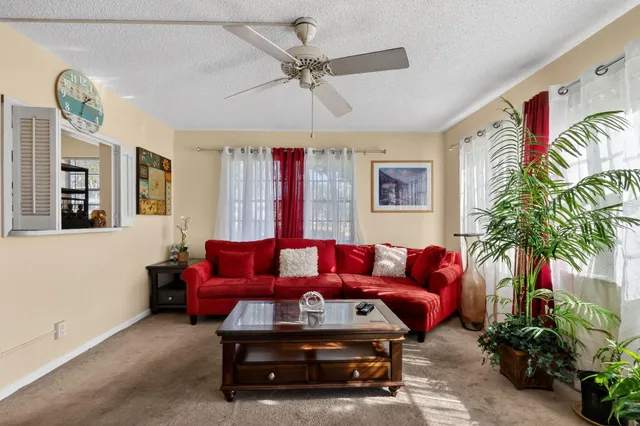 a living room with furniture a chandelier and a potted plant