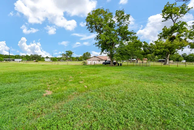 a view of a grassy field with trees