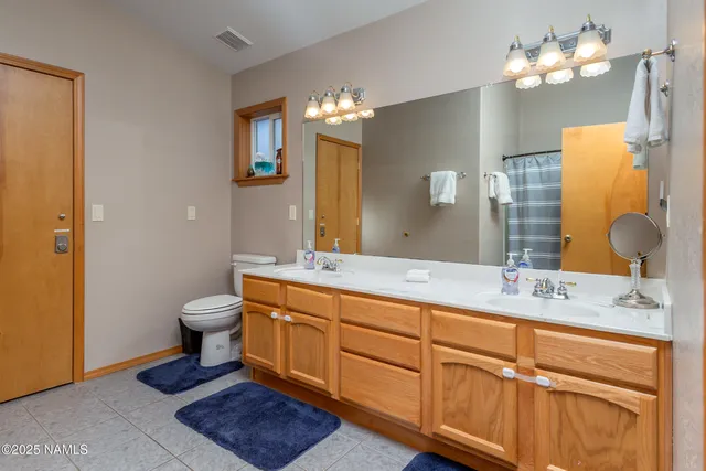 a bathroom with a double vanity sink mirror and toilet