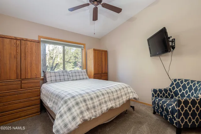 a bedroom with a bed and a television