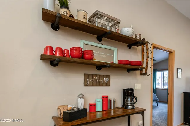 a view of a dining room with furniture