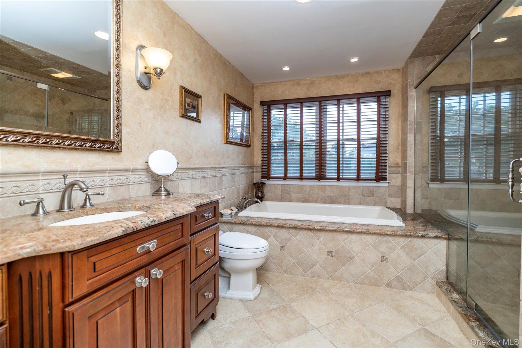 122 Pine Street Rockville Centre, NY 11570 - Photo 19 of 27 a spacious bathroom with a granite countertop sink mirror vanity bathtub and a toilet