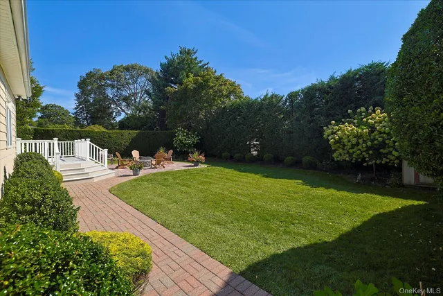 a view of a garden with lawn chairs