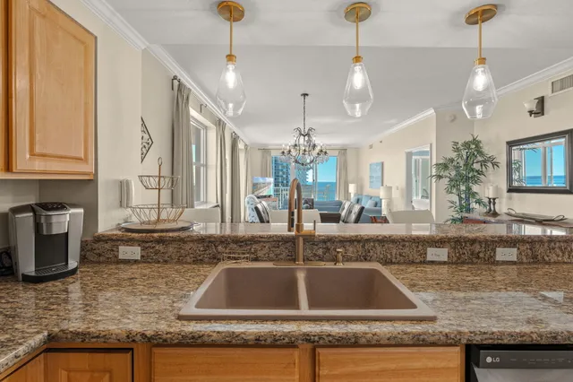 a kitchen with granite countertop a sink a counter top space cabinets and stainless steel appliances