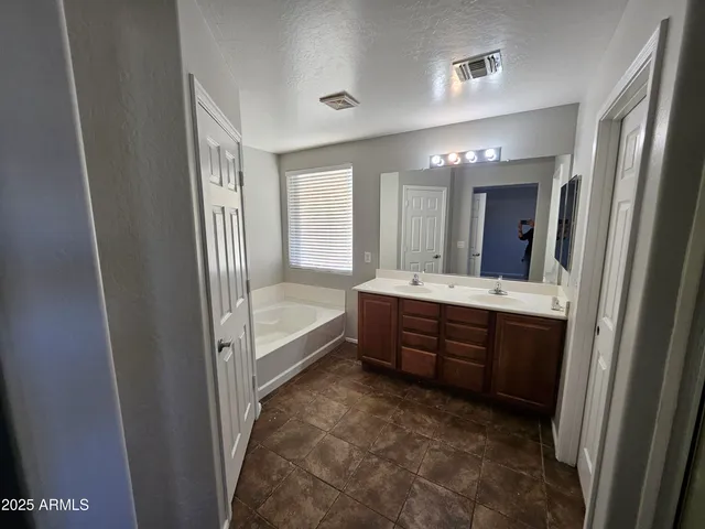 a bathroom with a tub a double vanity sink and mirror