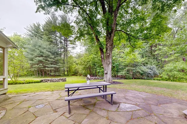 a bench sitting in the middle of a park with large trees