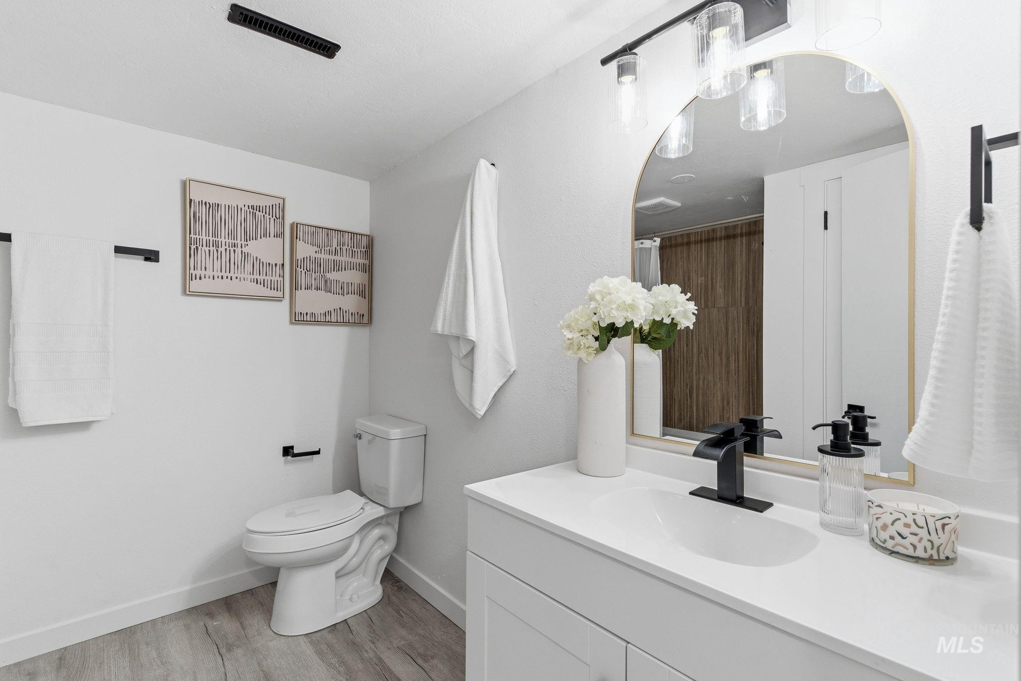 6123 South Brian Way Boise, ID 83716 - Photo 33 of 50 Bathroom with vanity, light wood finished floors, and curtained shower