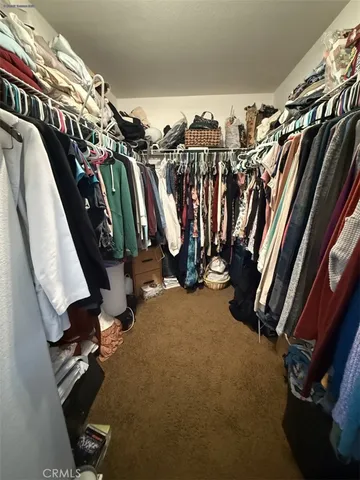 a view of walk in closet with clothes